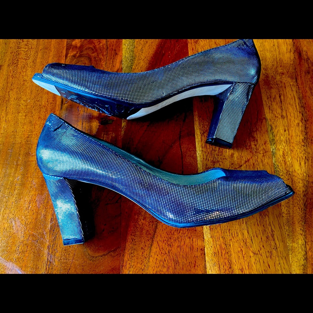 New silver black peep toe heels